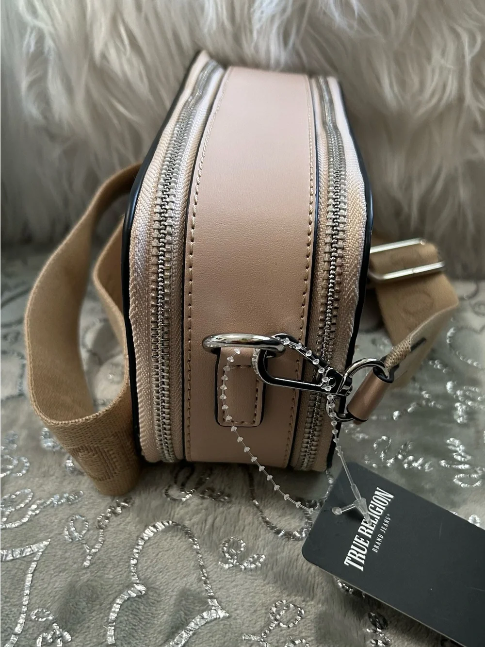 NWT True Religion Tan Double Zipped Camera Crossbody Bag
